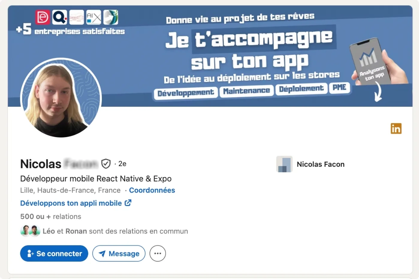 LinkedIn profile of Nicolas, React Native mobile developer